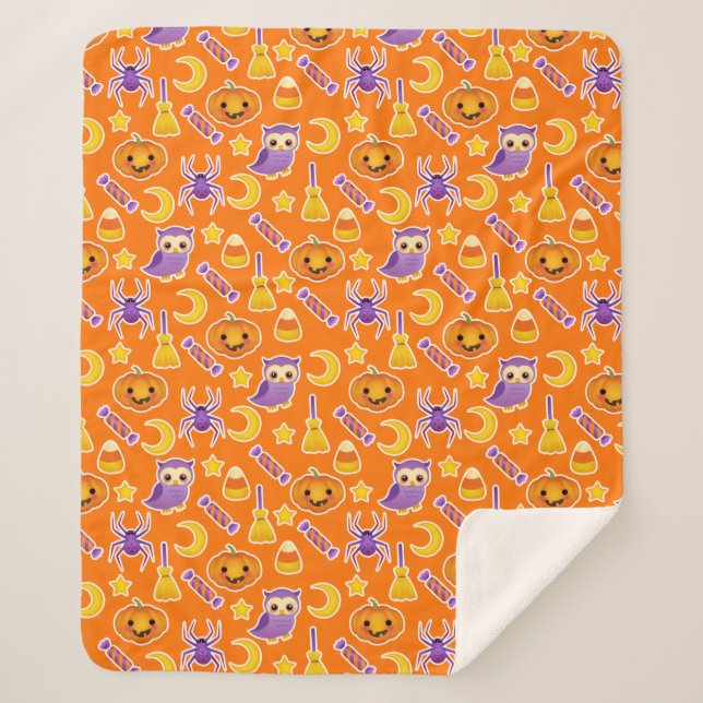 Orange Halloween Pumpkins Owls Spiders Pattern Sherpadecke (Vorderseite)