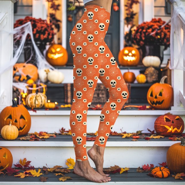 Orange Halloween Skulls und Blume Muster Leggings (Von Creator hochgeladen)