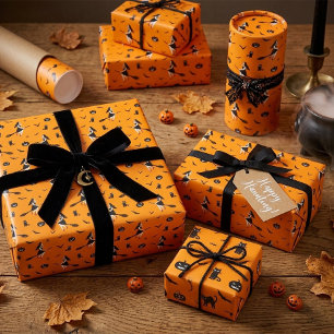 Orange Halloween Wrapping Paper mit Hexen Geschenkpapier