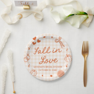 Orange Handgezeichnete Fall in Love Brautparty Pappteller