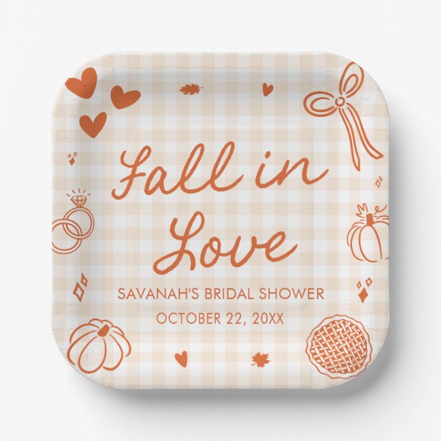 Orange Handgezeichnete Hochzeitsdusche 'Fall in Lo Pappteller (Vorderseite)