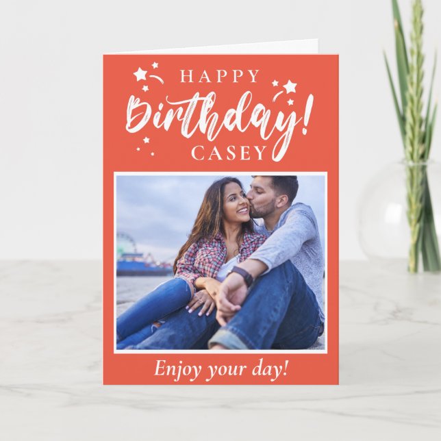 Orange Happy Birthday Custom Foto und Text Karte (Vorderseite)
