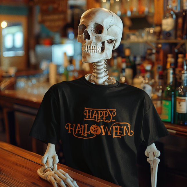 Orange Happy Halloween Bony Typografie T-Shirt (Happy Halloween Typography Black Tee)