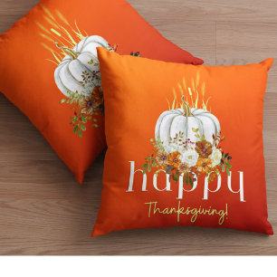 Orange Happy Thanksgiving Autumn Floral Pumpkin Kissen