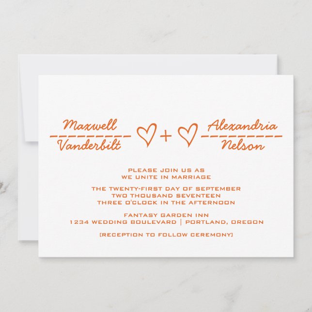 Orange Heart Equity Wedding Invite Einladung (Vorderseite)
