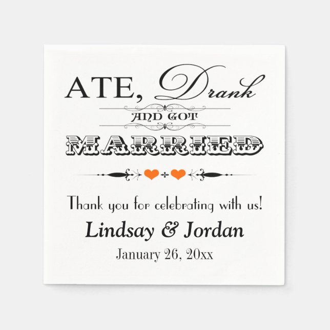 Orange Hearts and Scrolls Wedding Napkins Serviette (Vorderseite)