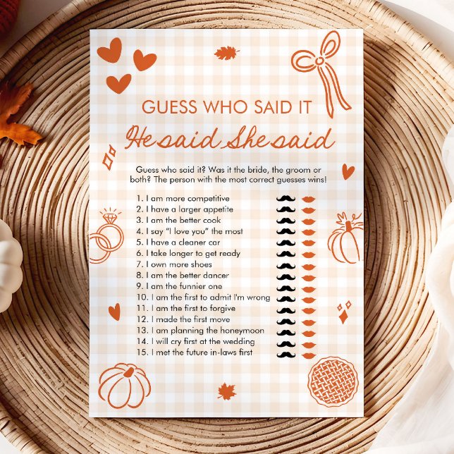 Orange Herbst Er sagte, sie sagte Braut- oder Bräu Einladung (Orange Fall He Said She Said Bride or Groom Game)