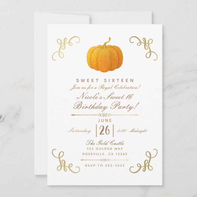 Orange Herbst Glitzer Pumpkin Sweet 16 Party Einladung (Vorderseite)