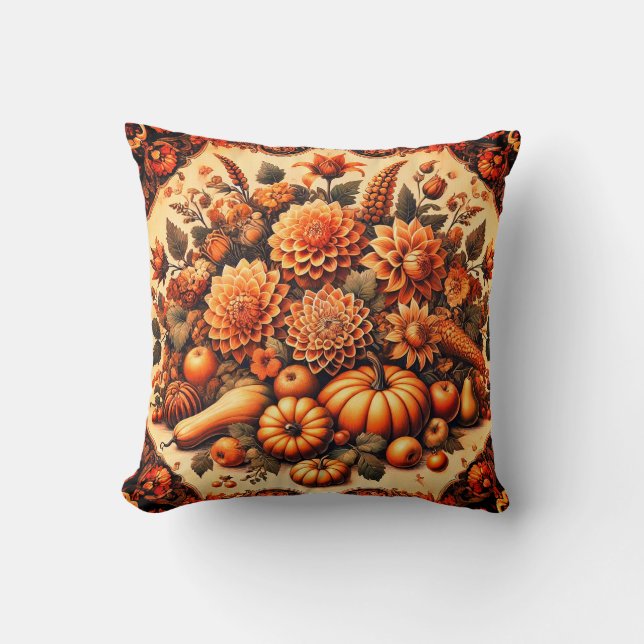 Orange Herbst Herbst Florals Rustikales Bauernhaus Kissen (Vorderseite)