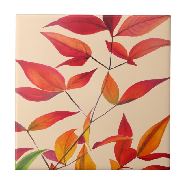 Orange Herbst hinterlässt originale Aquarellkunst Fliese (Vorderseite)