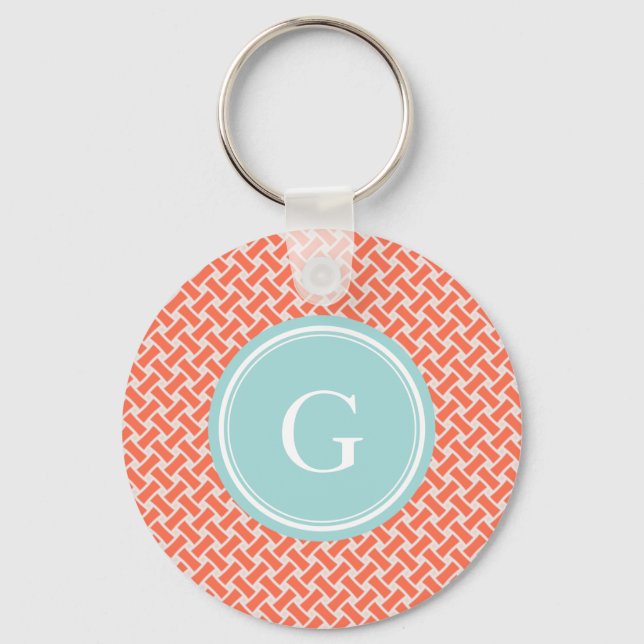 Orange Herringbone-geometrisches Muster, monogramm Schlüsselanhänger (Vorderseite)