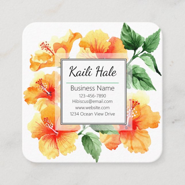 Orange Hibisken Blume Business Card mit QR Code Quadratische Visitenkarte (Vorderseite)