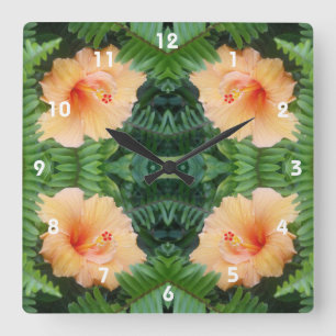 Orange Hibisken Blume Muster Quadratische Wanduhr