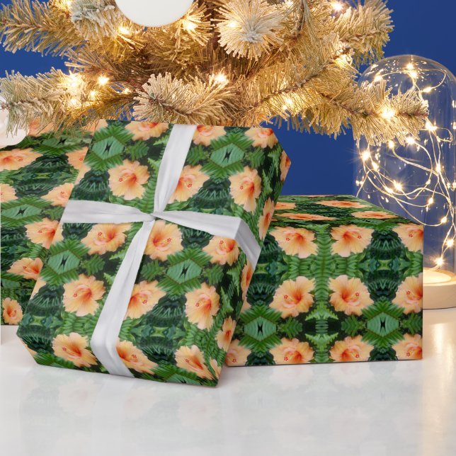 Orange Hibiskus Blume mit Ferns Geschenkpapier (Feiertage)