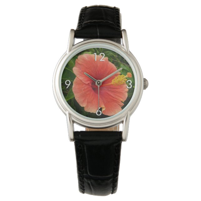 Orange Hibiskus Blume Tropenflora Armbanduhr (Vorderseite)