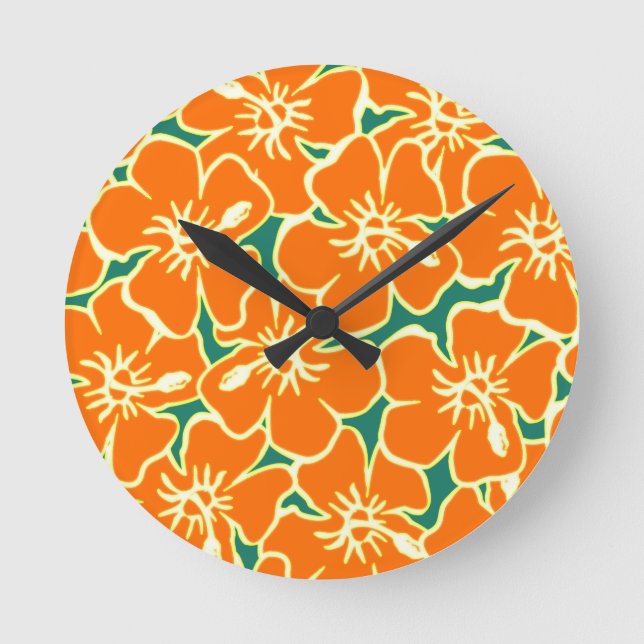 Orange Hibiskus Blume Tropical Hawaiian Clock Runde Wanduhr (Vorderseite)