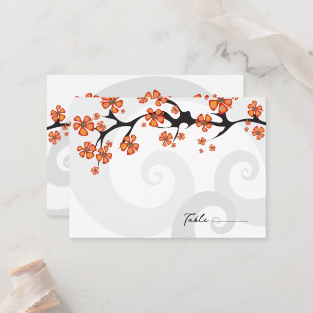 Orange Hibiskus Fusion Grey Swirl Tropical Wedding Platzkarte (Vorderseite/Rückseite Beispiel)