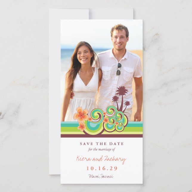 Orange Hibiskus Tropical Aquamarin Waves Beach Fot Save The Date (Vorderseite)
