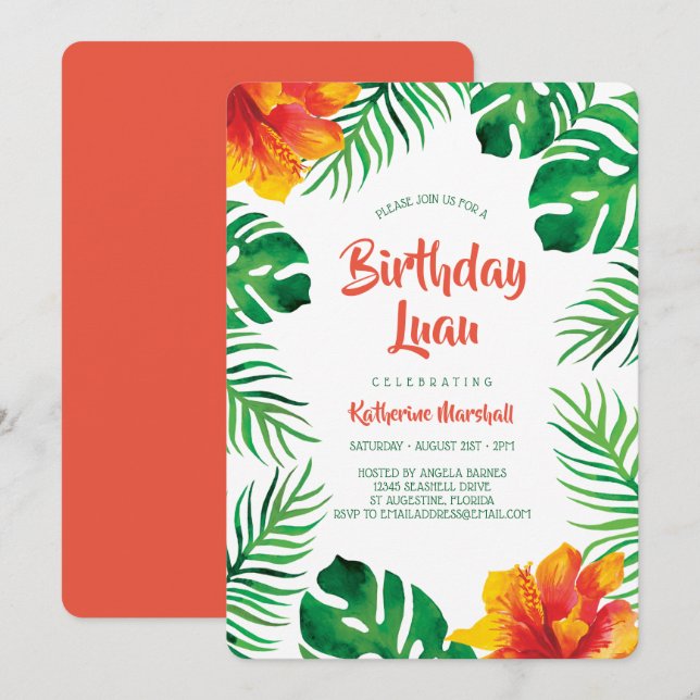 Orange Hibiskus Tropical Blätter Birthday Luau Einladung (Vorne/Hinten)