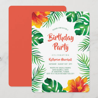 Orange Hibiskus Tropical Blätter Geburtstagsparty Einladung