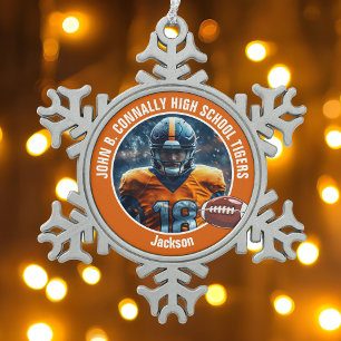 Orange High School Football Player Foto Custom Schneeflocken Zinn-Ornament