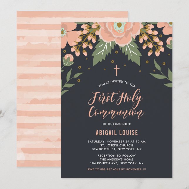 Orange Honey Blooms Floral First Holy Communion Einladung (Vorne/Hinten)