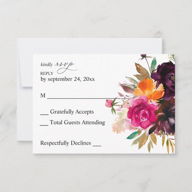 Orange, Hot Pink, Lila Fall Floral RSVP Karte (Vorderseite)
