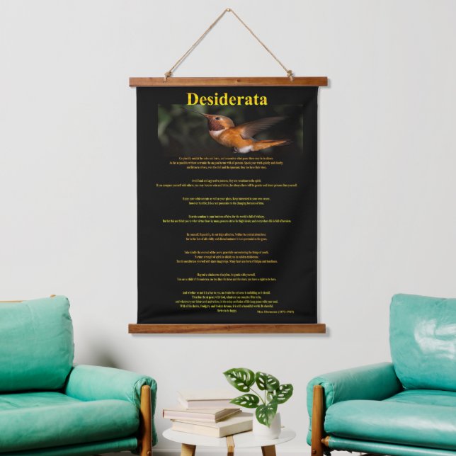 Orange Hummingbird Stehend Still Desiderata Wandteppich Mit Holzrahmen (Wohnzimmer)