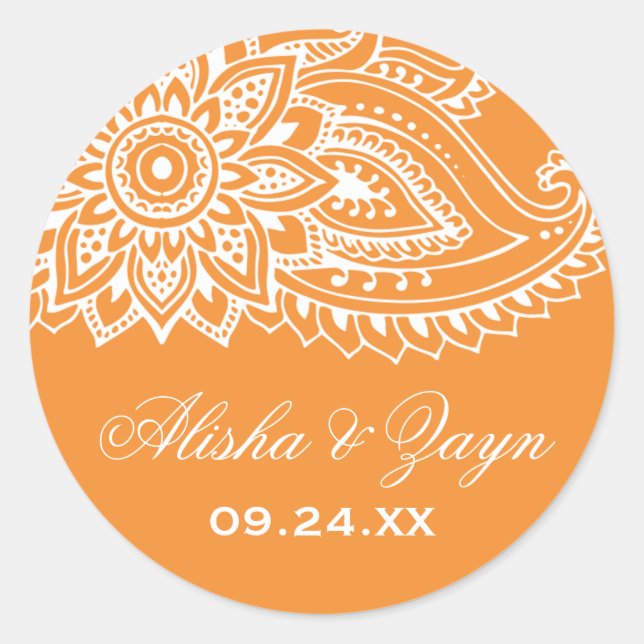 Orange Indian Paisley Wedding Umschlag Aufklebers Runder Aufkleber (Vorderseite)