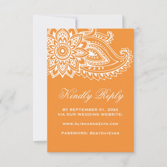 Orange Indian Paisley Wedding Website RSVP Card (Vorderseite)
