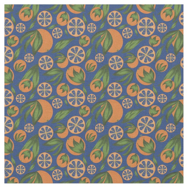 Orange Indigo Fruchtmuster Stoff (Nahaufnahme)