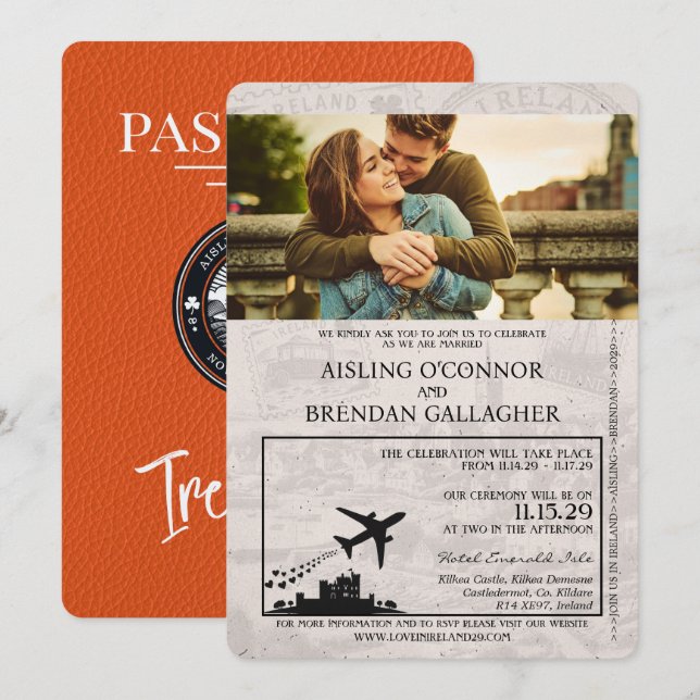 Orange Ireland Passport Hochzeitseinladung Einladung (Vorne/Hinten)