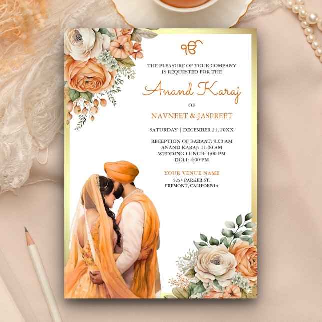 Orange Ivory Floral Anand Karaj Sikh Wedding Einladung (Von Creator hochgeladen)