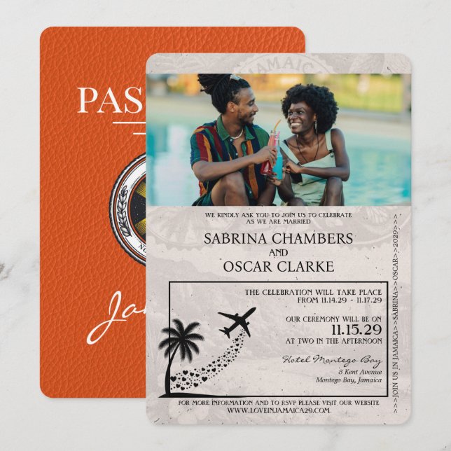 Orange Jamaica Passport Hochzeitseinladung Einladung (Vorne/Hinten)