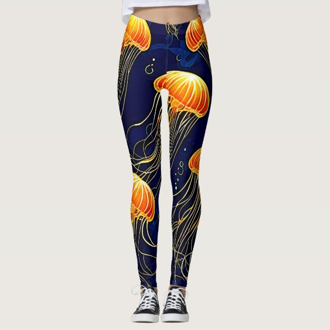 Orange Jellyfish Muster Kunst Leggings (Vorderseite)