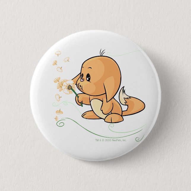 Orange Kacheek, das auf einem Löwenzahn wünscht Button (Vorderseite)