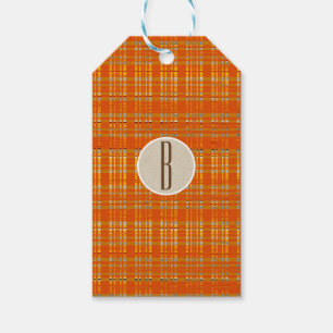 Orange Kariert & Braun Kraft Rustikale Monogramm-I Geschenkanhänger