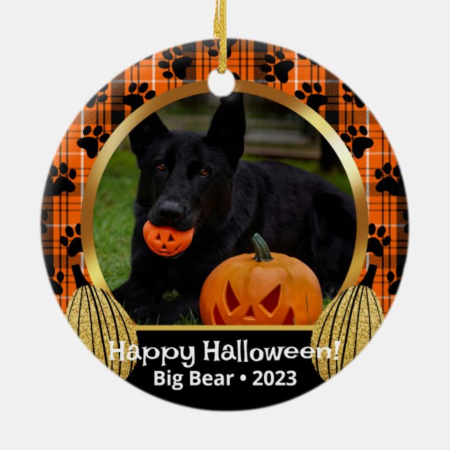 Orange Kariert Fall Foto Custom Haustier Ornament (Hinten)