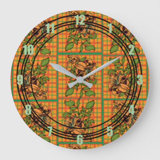 Orange Kariert Floral Cutout Große Wanduhr (Vorderseite)