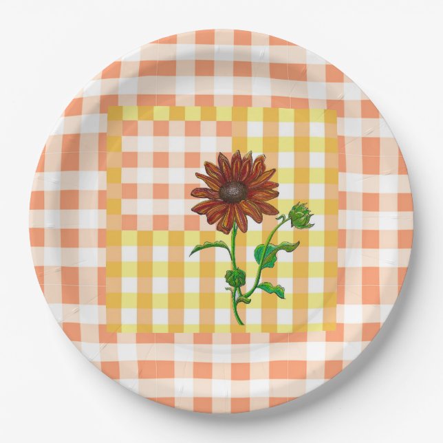 Orange Kariert Sunflower Paperplate Pappteller (Vorderseite)