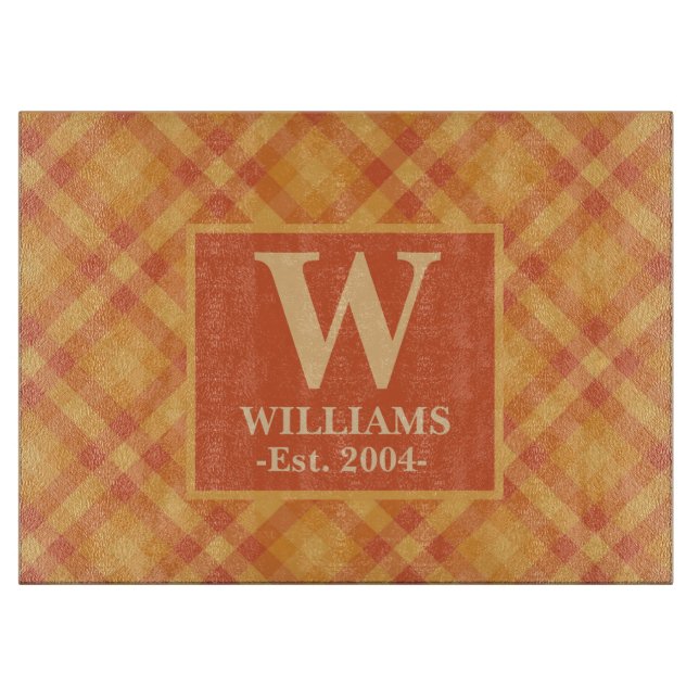 Orange Karierte Herbst FALL Monogram Familie Name  Schneidebrett (Vorderseite)