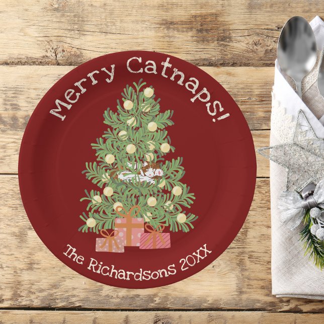 Orange Katze auf Weihnachtsbaum Merry Catnaps! Rot Pappteller (Von Creator hochgeladen)