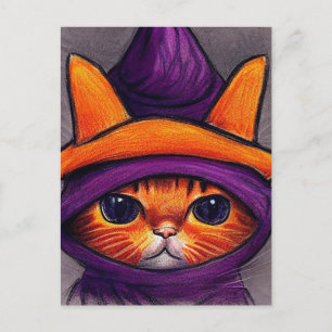 Orange Katze mit lila Hexenhut Frohes Halloween  Feiertagspostkarte
