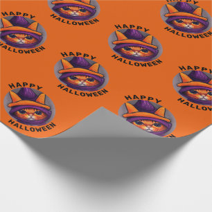 Orange Katze mit lila Hexenhut Frohes Halloween Geschenkpapier