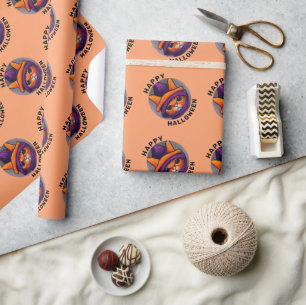 Orange Katze mit lila Hexenhut Frohes Halloween Geschenkpapier