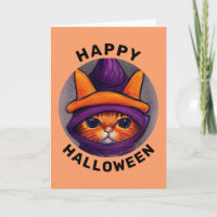 Orange Katze mit lila Hexenhut Frohes Halloween