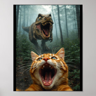 Orange Katze Selfie mit T-Rex Dinosaurier Lustige Poster