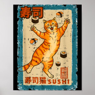 Orange Katze springt mit Sushi Japanisches Essen M Poster