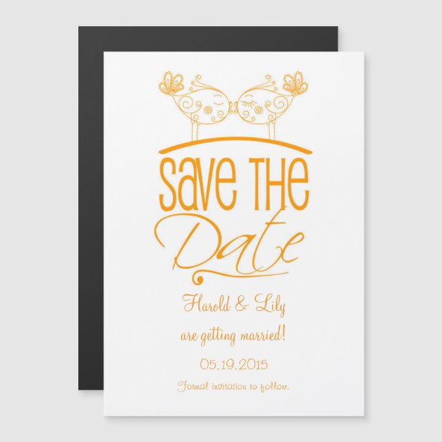 Orange Kissing Birds Magnetic Save the Date Magneteinladung (Vorne/Hinten)