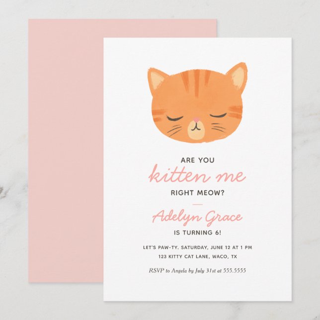 Orange Kitten Girl Invitation Anniversaire (Devant / Derrière)